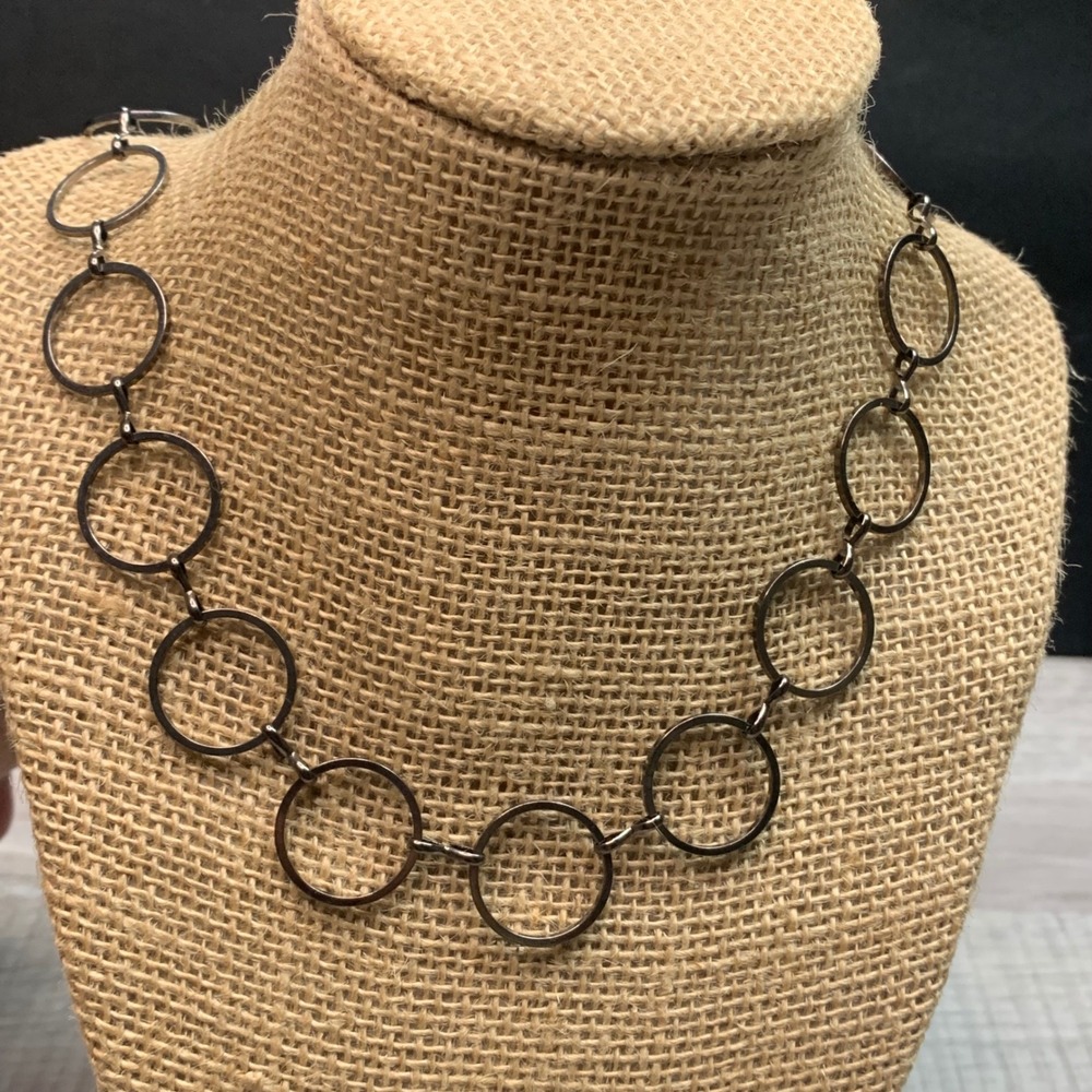 Gunmetal Open Circle Link Necklace Geometric Minimalist 16 Inch Adjustable